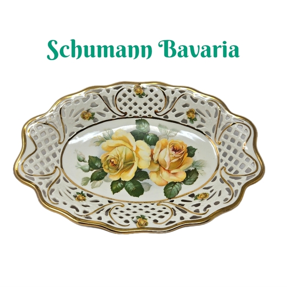 Schumann Bavaria Yellow Rose Serving Decor Dish Porcelain Perforated Edges - Picture 1 of 13